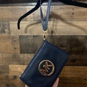 Michael Kors Dark Blue Wristlet with Gold Accents